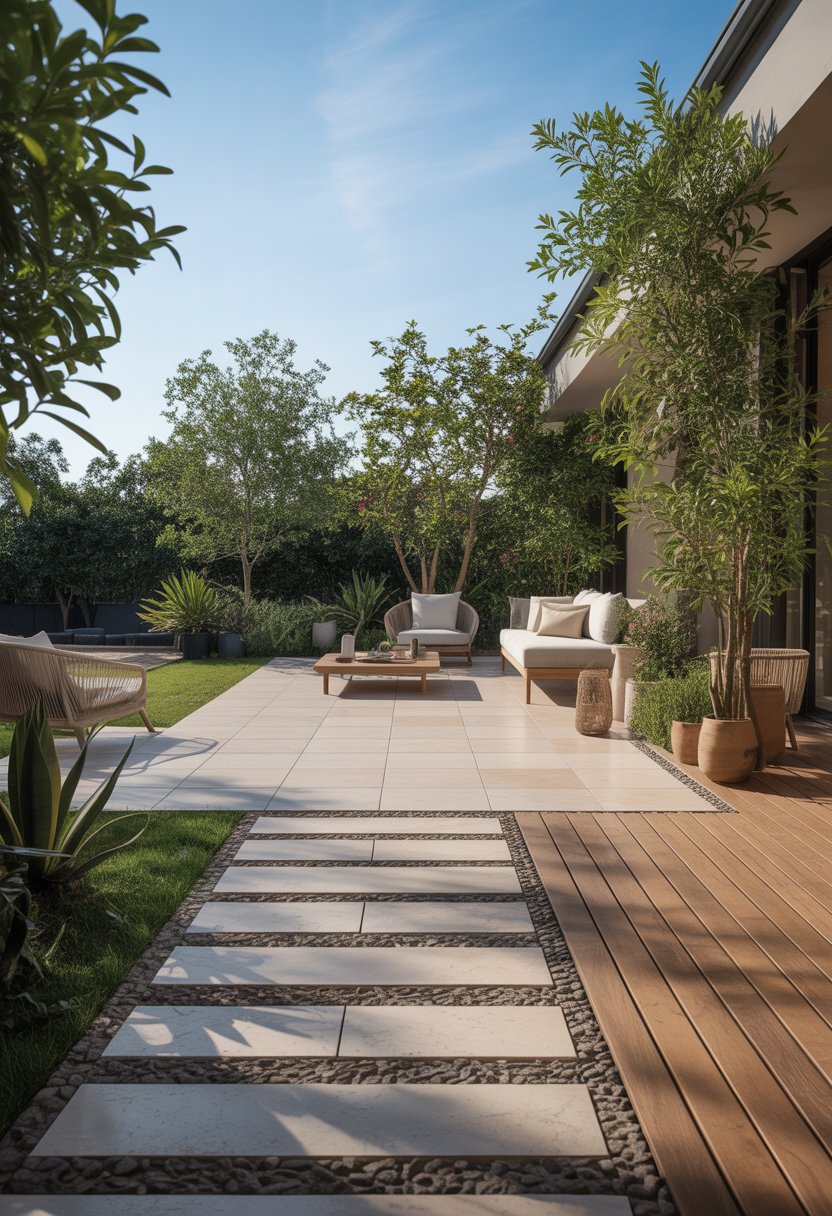 Outdoor terrace with wooden and stone flooring, surrounded by plants and outdoor furniture under a clear sky.