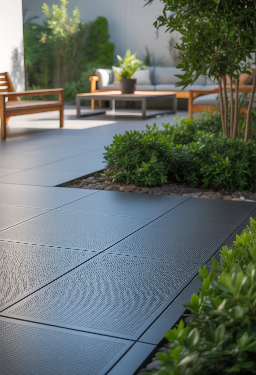 Outdoor patio area with dark rubber flooring, green plants, and modern furniture under natural sunlight.