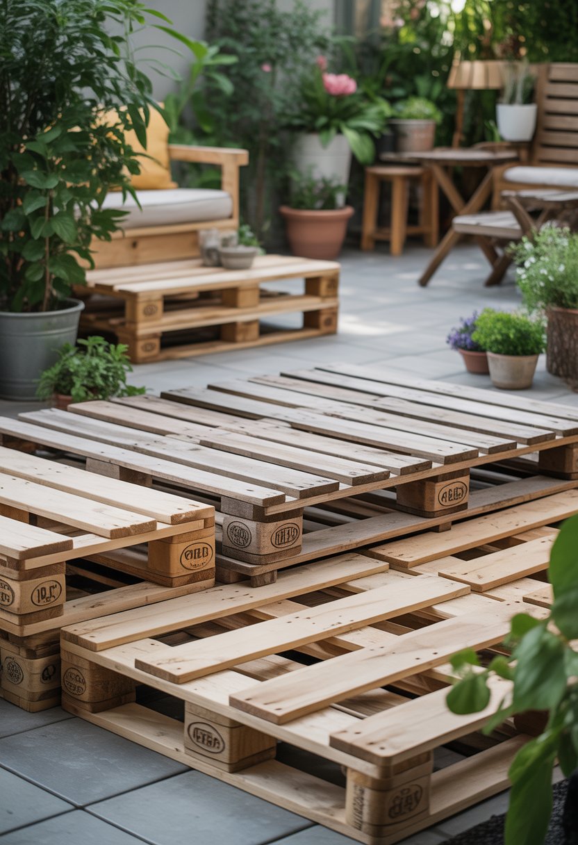 An outdoor patio area with wooden pallet flooring surrounded by plants and outdoor furniture.