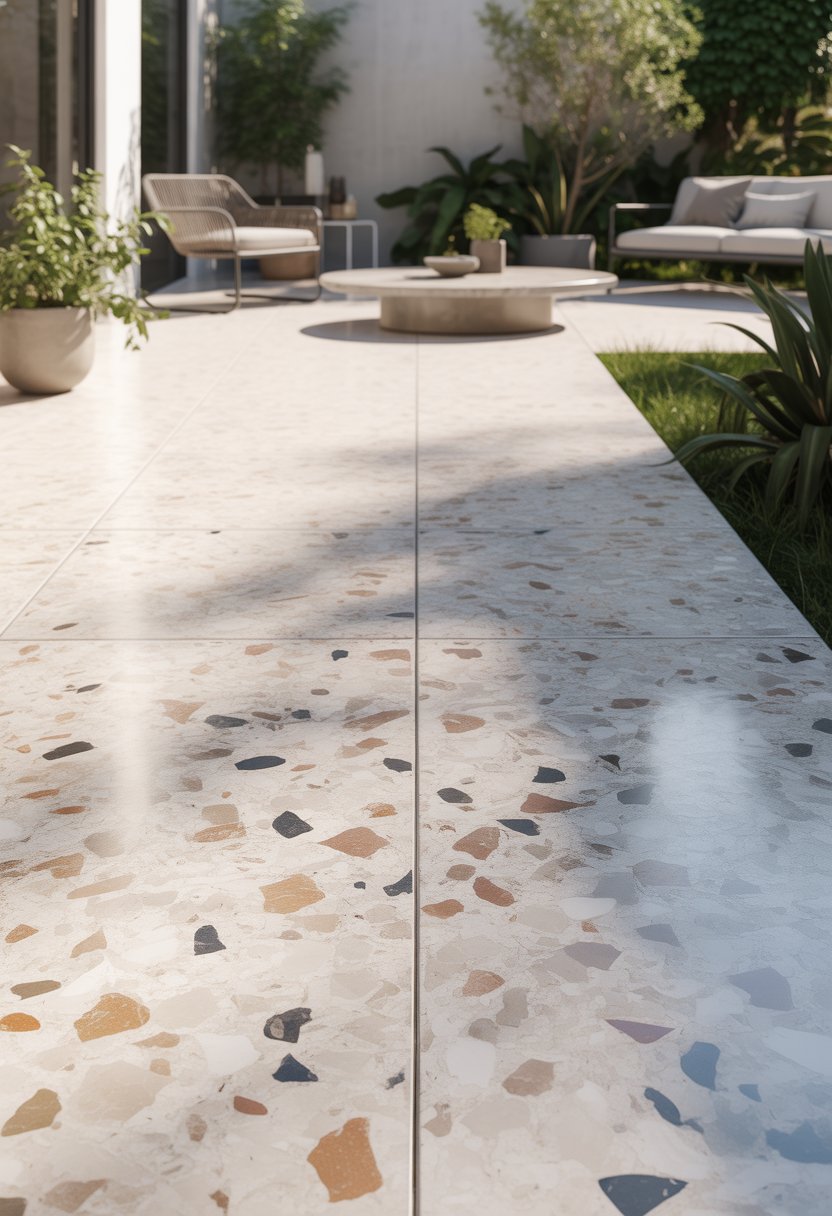 Outdoor area with colorful terrazzo flooring, patio furniture, and surrounding plants.