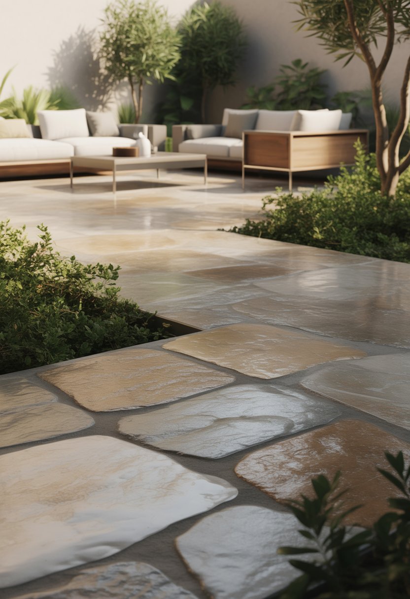 Outdoor patio with natural stone flooring surrounded by green plants and modern seating.