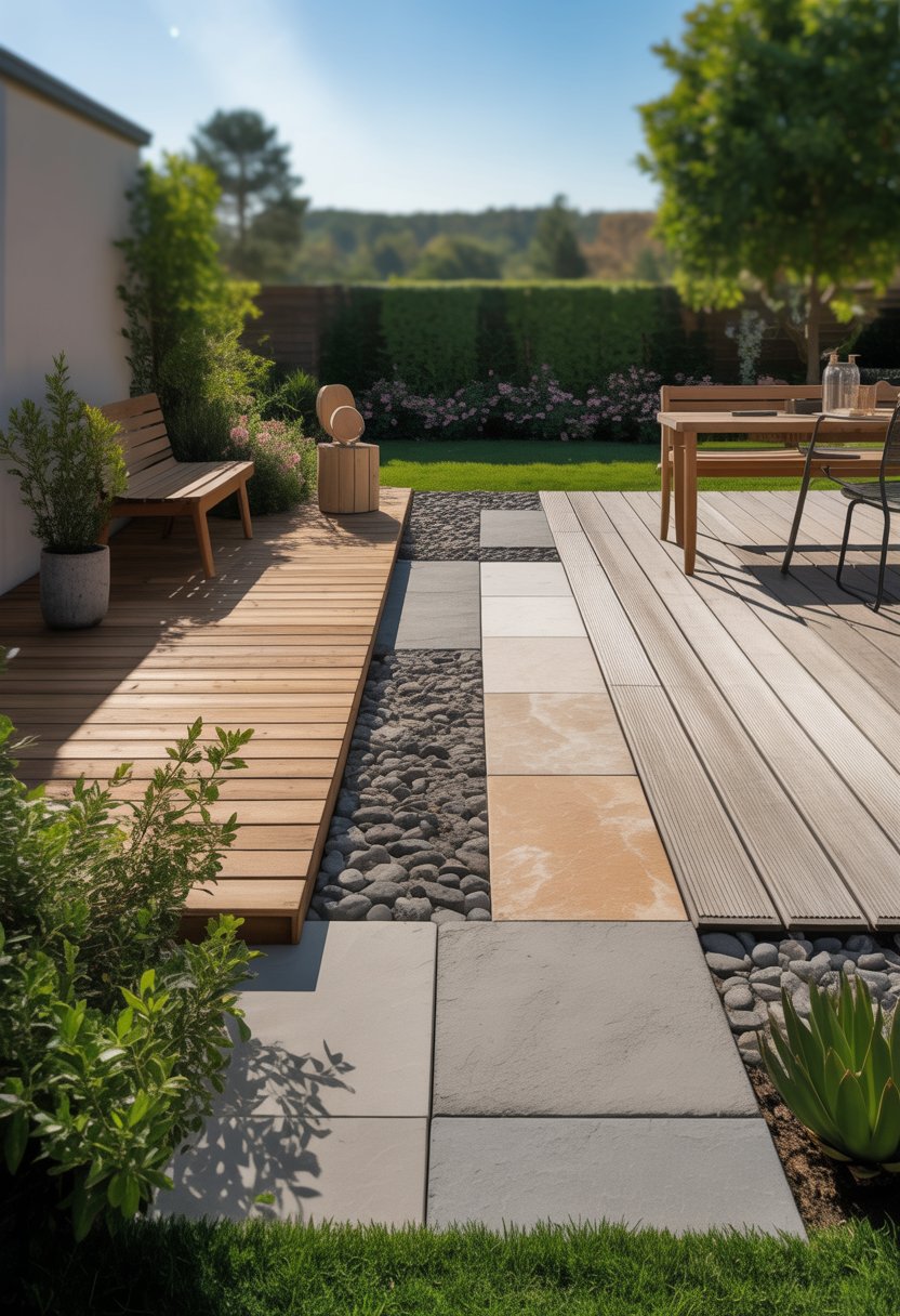 A garden scene showing different types of outdoor flooring materials arranged next to each other with plants and outdoor furniture around.
