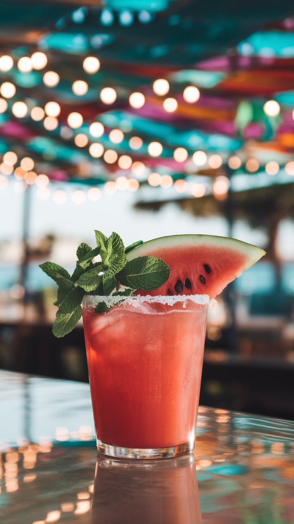 A watermelon mint margarita garnished with mint leaves and a slice of watermelon.