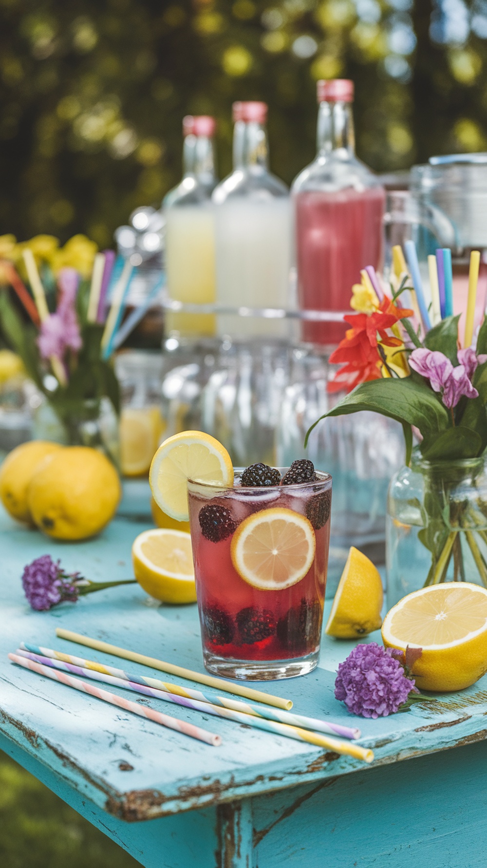 A refreshing glass of blackberry lemonade garnished with lemon slices, surrounded by lemons and flowers on a blue table.