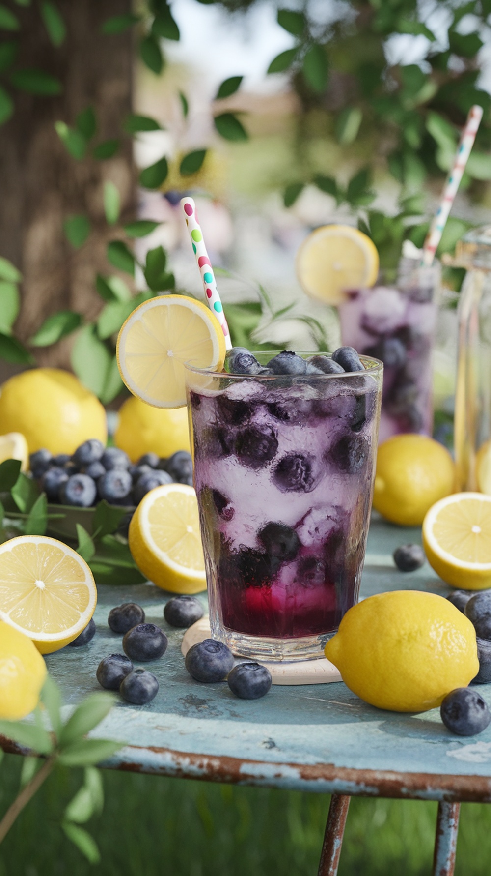 A refreshing glass of blueberry lemonade with blueberries and lemon slices on a table.