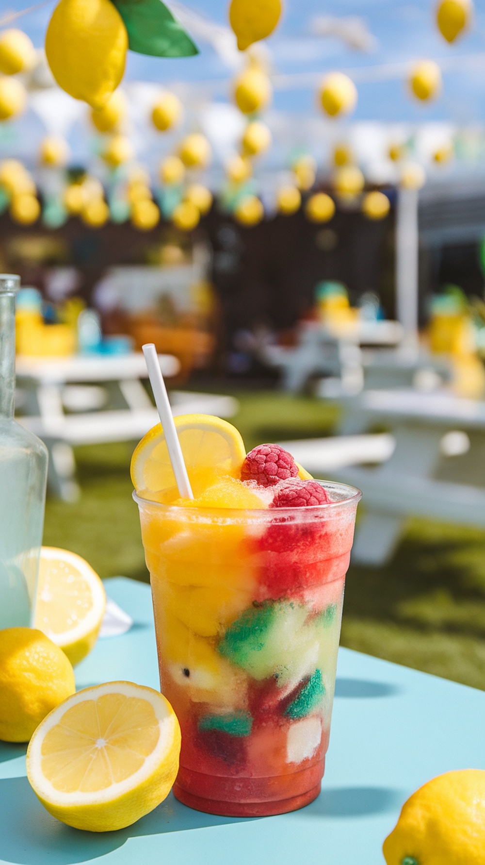 A colorful frozen lemonade drink with fruit, served in a clear cup, surrounded by fresh lemons.