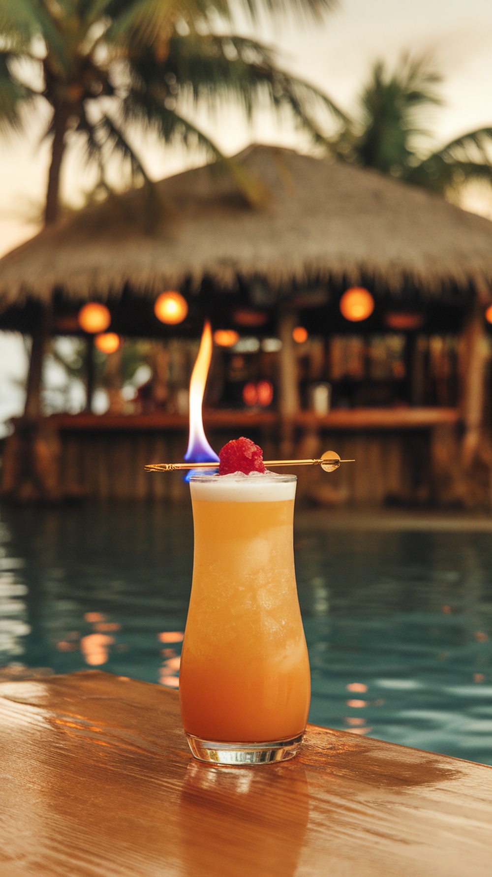 A vibrant Jet Pilot cocktail with a flaming garnish, set against a tropical backdrop.