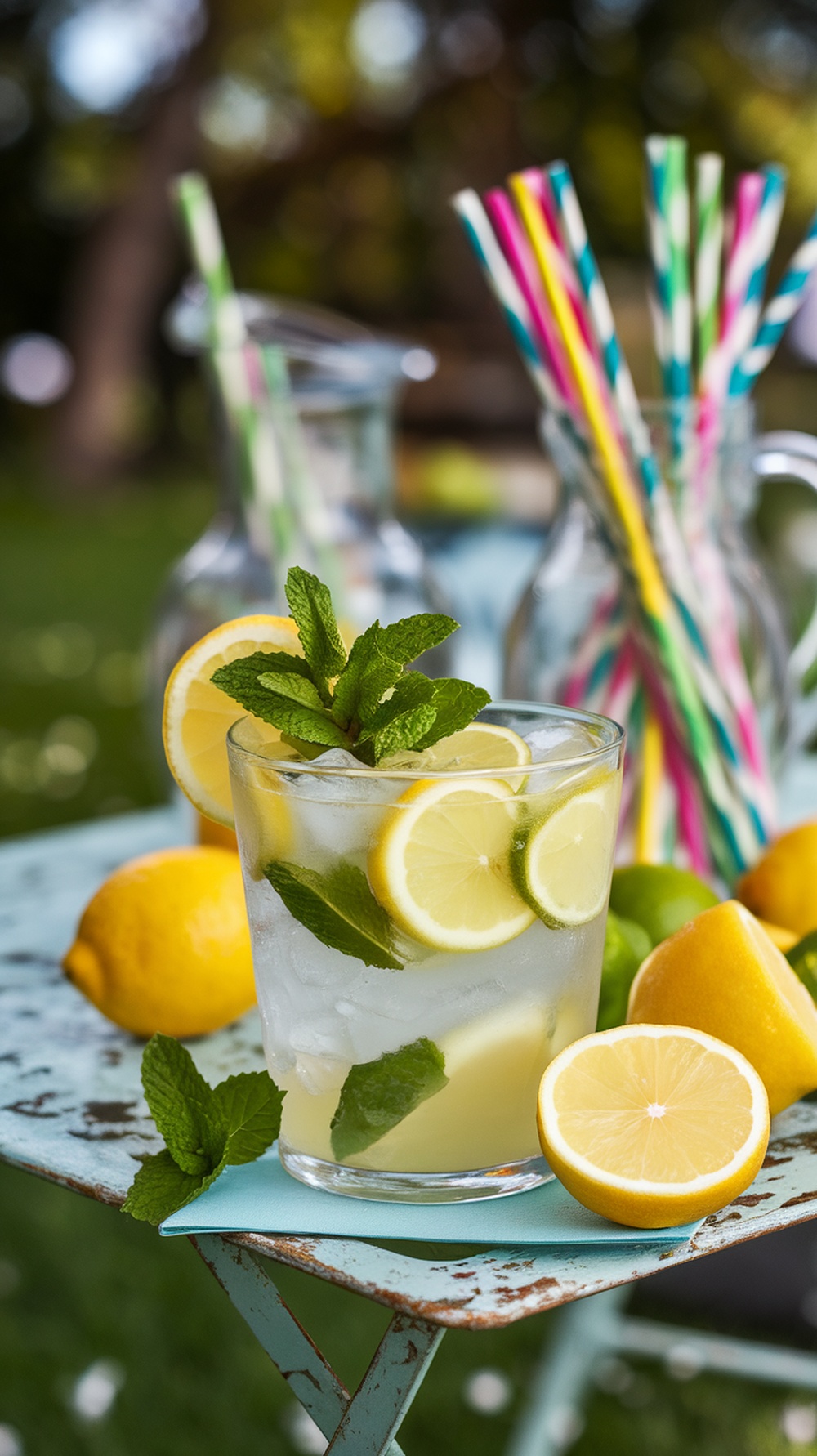 A refreshing glass of lemon lime lemonade with mint leaves, surrounded by fresh lemons and limes.