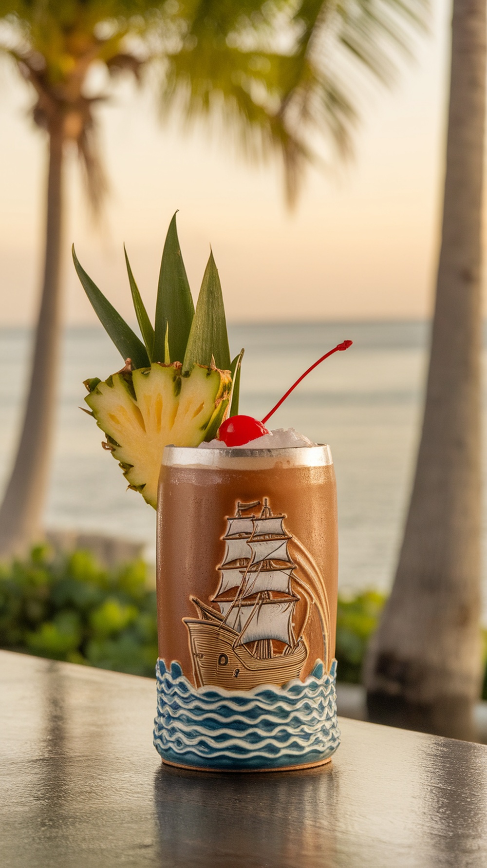 A tiki mug with a ship design filled with Navy Grog cocktail, garnished with pineapple and cherry, set against a tropical background.