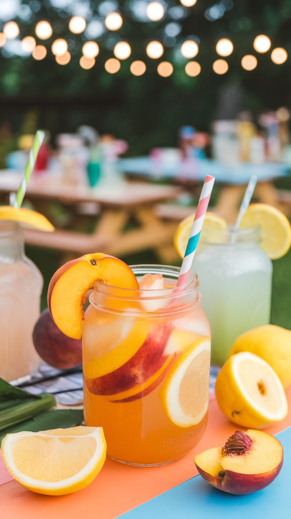 A refreshing glass of peach lemonade with peach slices and lemon, set in a vibrant outdoor party atmosphere.