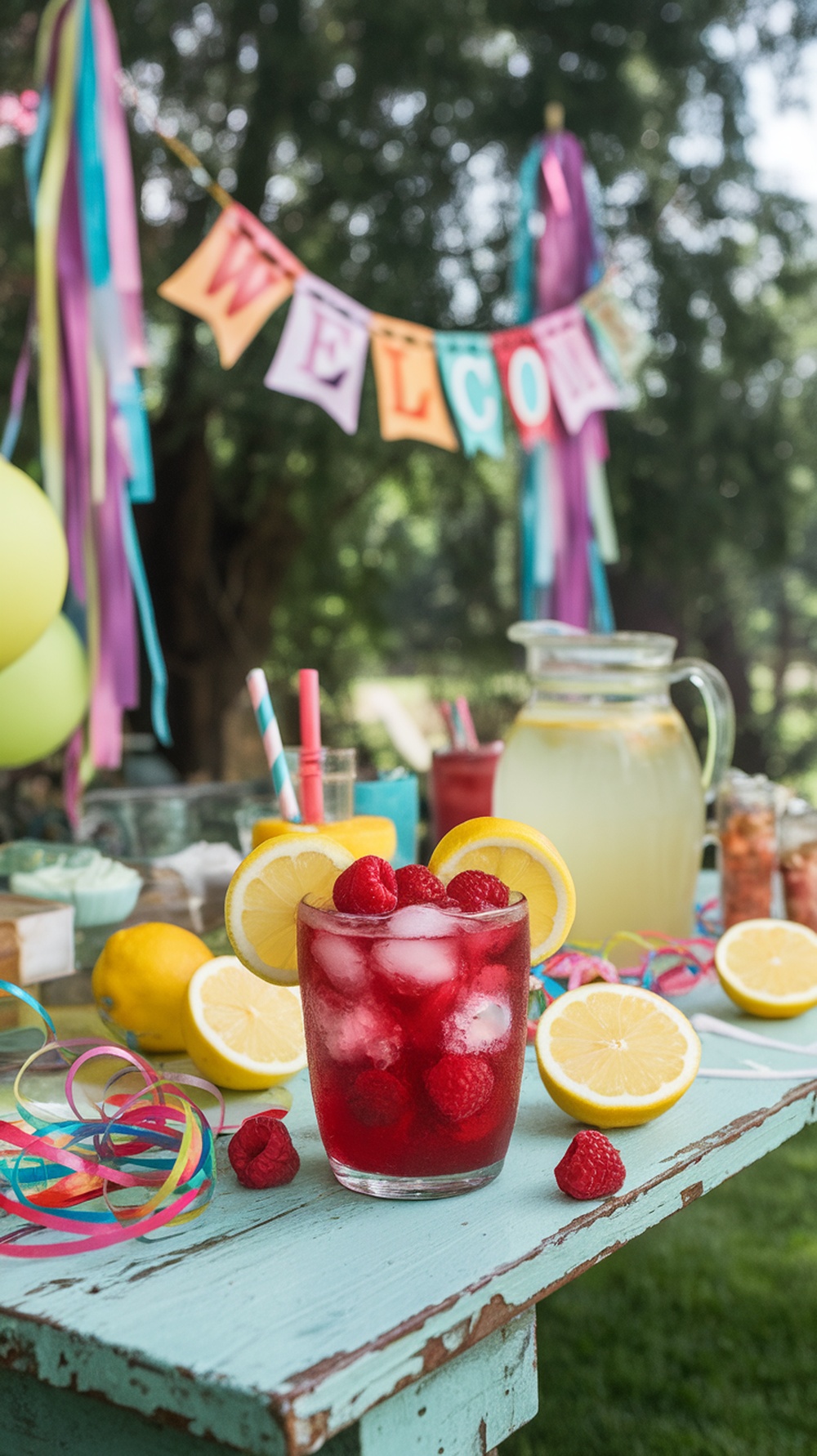 A refreshing glass of raspberry lemonade with fresh raspberries and lemon slices, set up at a colorful outdoor lemonade bar.