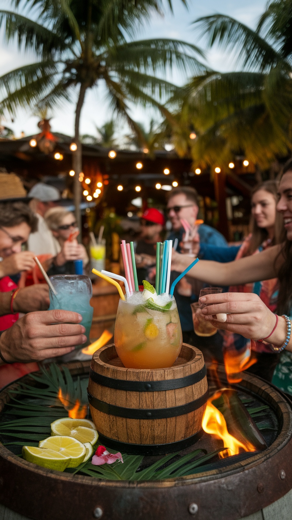 A group of friends enjoying a colorful Rum Barrel tiki drink, surrounded by tropical decor and palm trees.