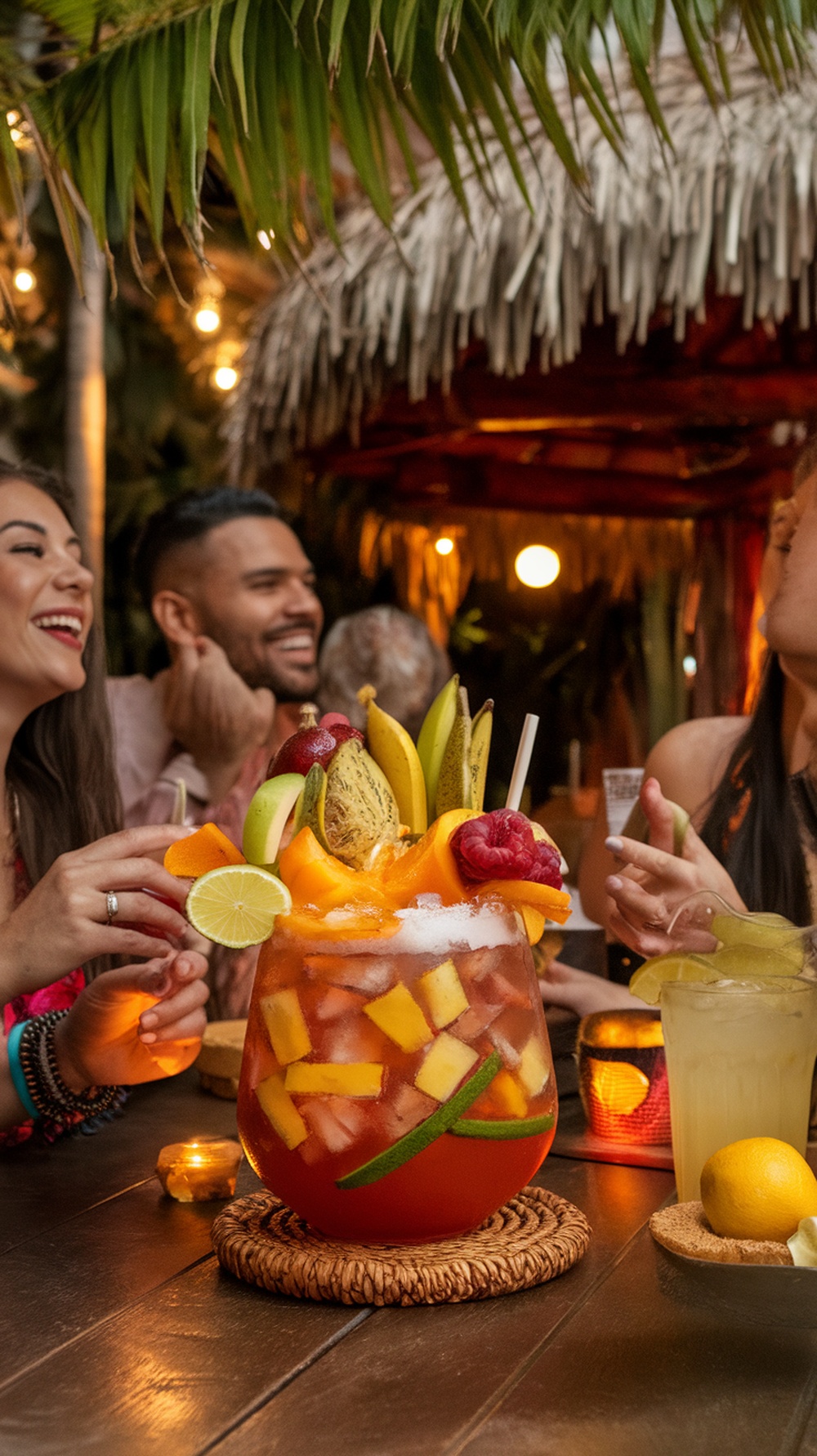 A colorful Scorpion Bowl filled with fruits, surrounded by friends enjoying tiki drinks.