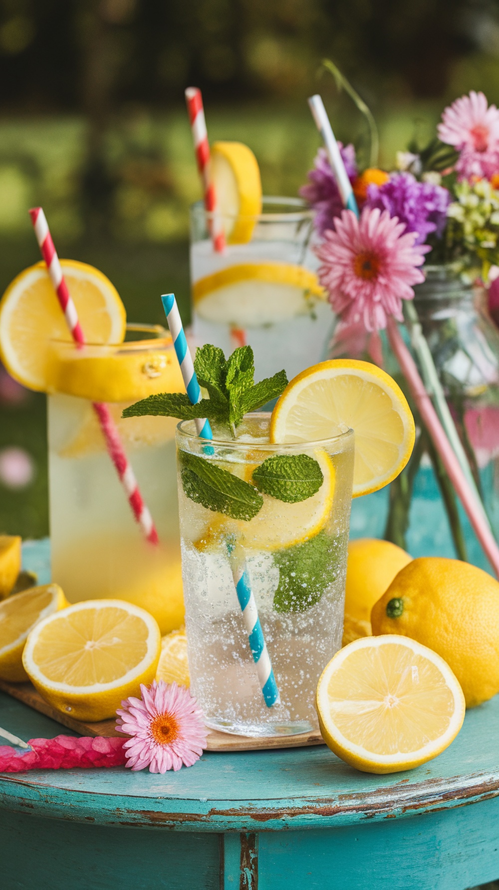 Sparkling lemonade drinks with lemon slices and mint on a table