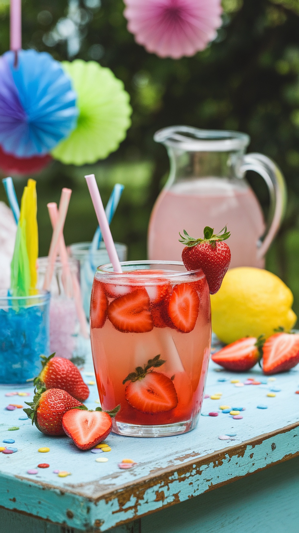 A refreshing glass of strawberry lemonade with fresh strawberries and a lemon, set up for an outdoor party.