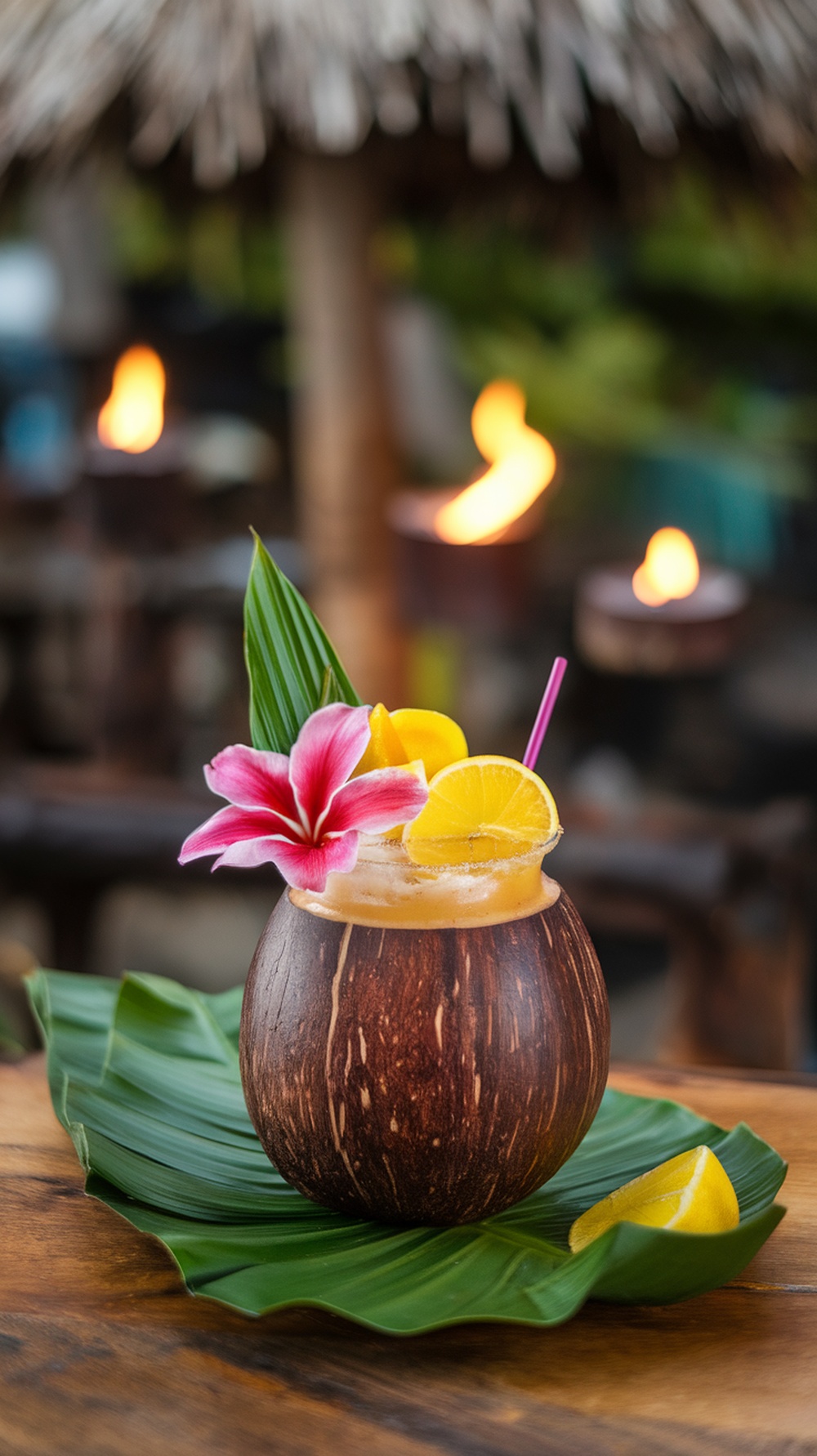 A Tiki Puka Puka cocktail served in a coconut shell, garnished with a pink flower and lemon slices, with tiki torches in the background.