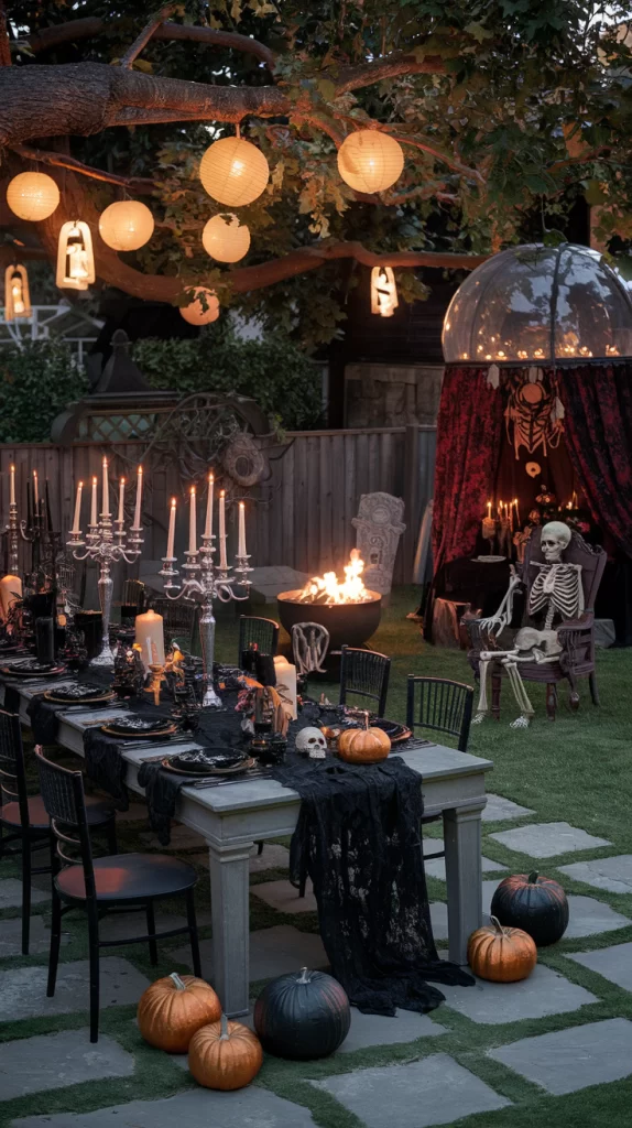 Spooky halloween patio decor including a crystal ball tent, graveyard, eerie table and skeleton.
