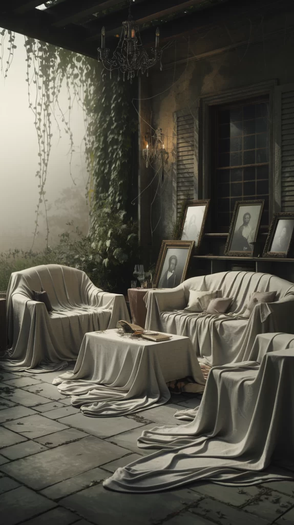 A backyard patio with patio furniture covered in old sheets and images of old pictures in the background.