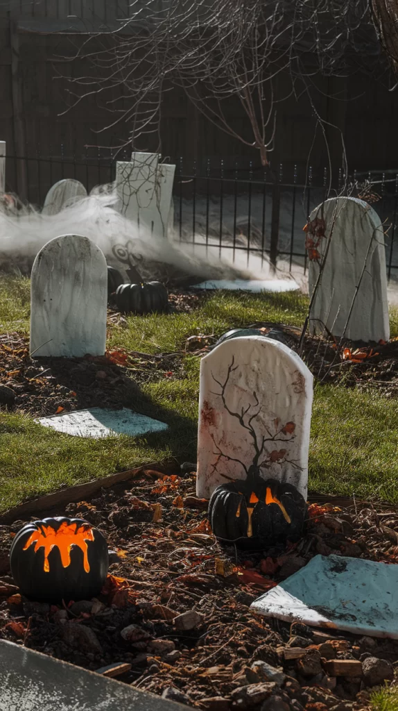 A backyard scene at night in front of a metal fence.  Several tombstones are planted in the grass with a fog mist and rotting pumpkins.
