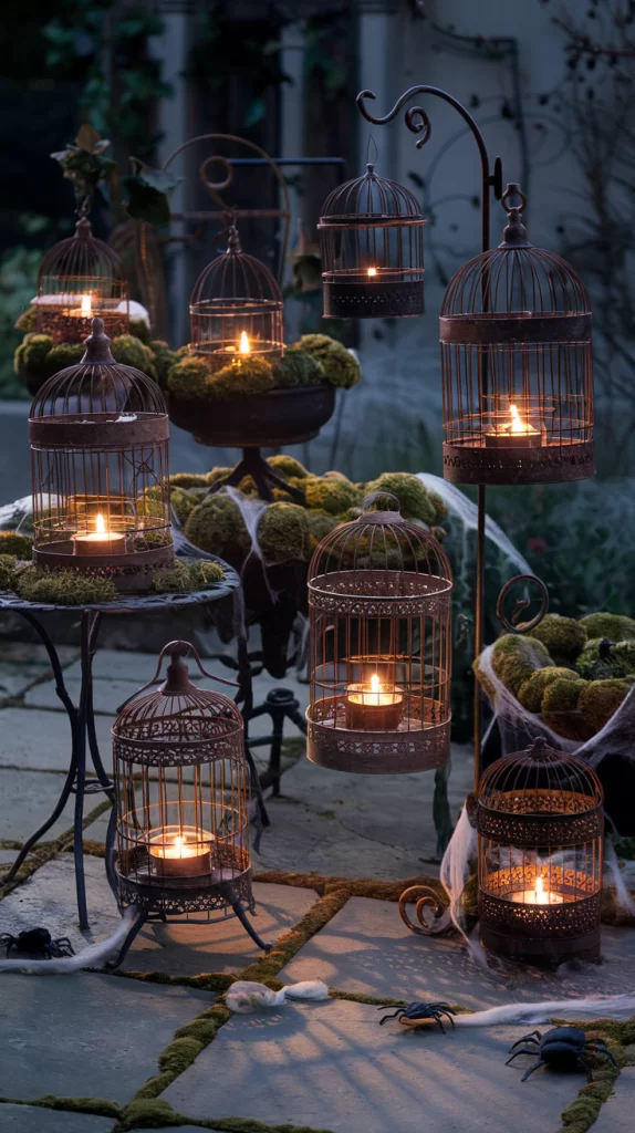 A gathering of antique bird cages on a patio with candles and an eerie atmosphere.