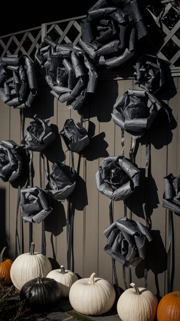 A fence decorated with black paper roses in large sizes dotting the fence.  The flowers are lit from the side to create a spooky effect.