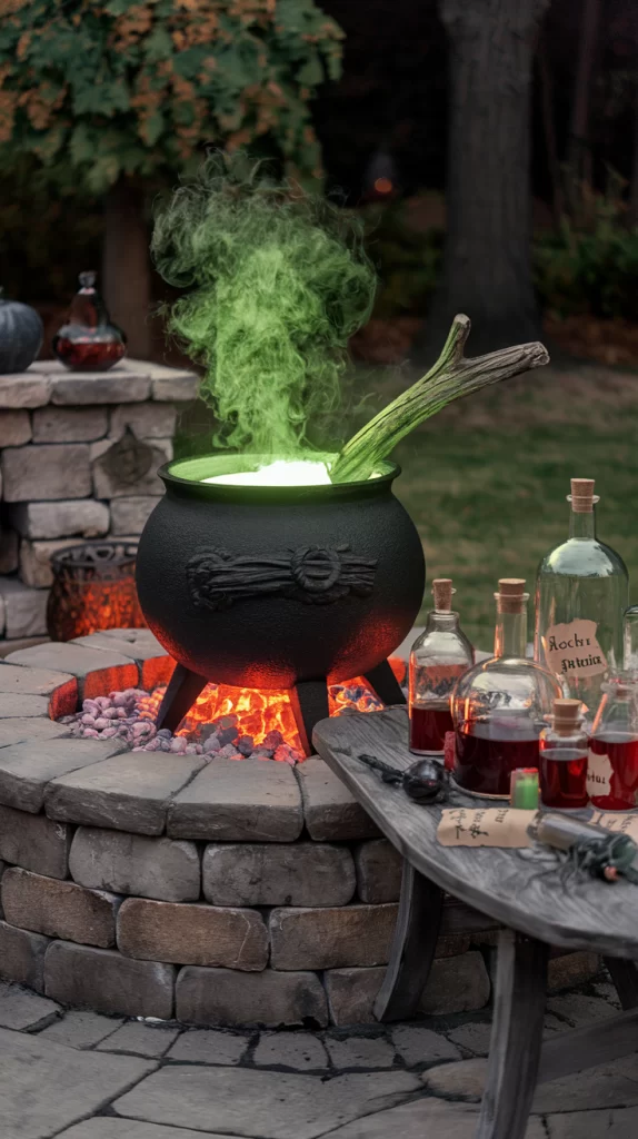 A bubbling black cauldron on a firepit in a backyard.  There are potion bottles and a branch for stirring.