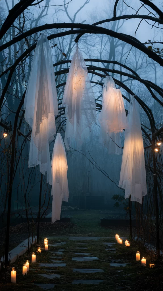 A ghostly scene with gauzy fabric ghosts suspended from tree branches.