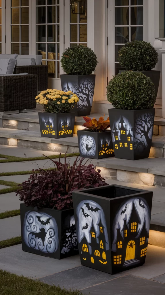 Patio planters arranged on patio steps with glow in the dark images painted on the sides depicting halloween night scenes