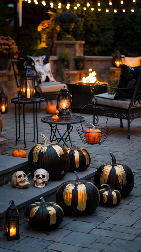 A patio scene with selection of black pumpkins painted with gold paint that reflects in the light from lanterns and a firepit.