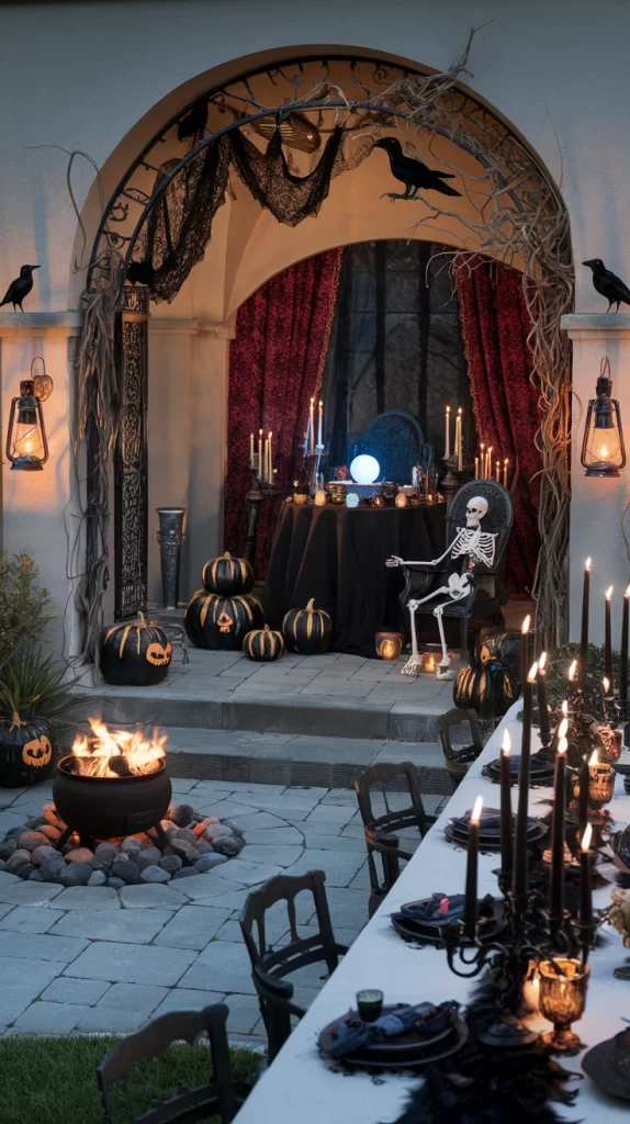 A patio scene with spooky halloween decor from a haunted mansion.