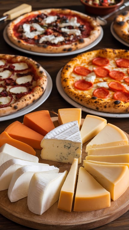 A variety of cheeses displayed on a wooden platter, surrounded by different pizzas.