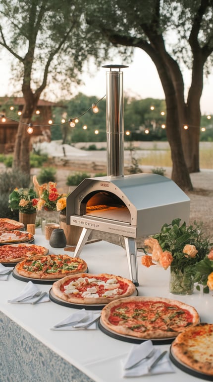 A backyard pizza station with a pizza oven and various pizzas on display.