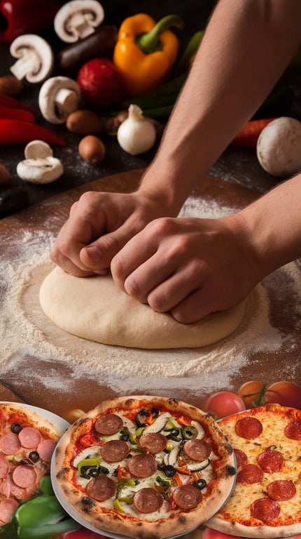 Hands kneading pizza dough with fresh vegetables in the background.