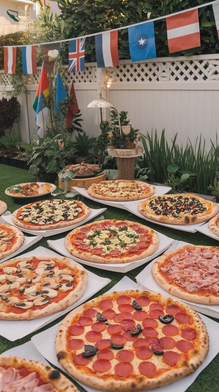 A backyard pizza bar decorated with flags and various pizzas on display.