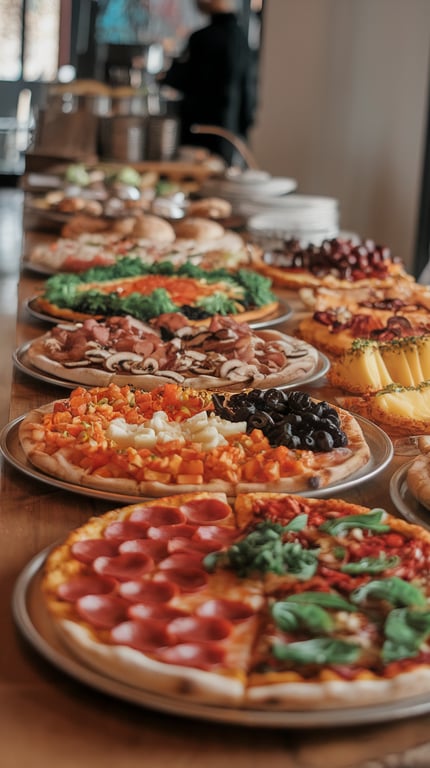 A variety of pizzas with different toppings displayed on a table.