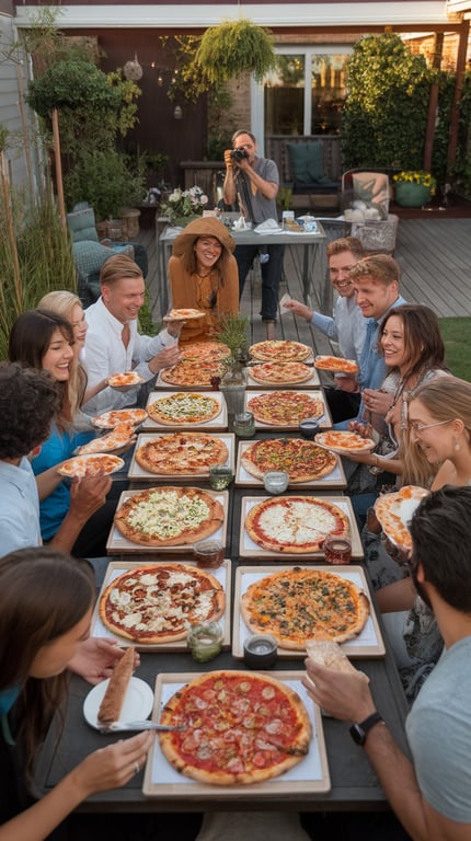 A lively backyard pizza party with friends enjoying various pizzas.