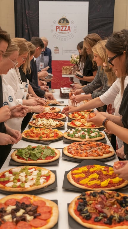 Guests engaged in a pizza-making station with various toppings and sauces.