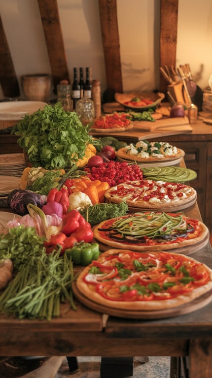 A vibrant display of fresh herbs and vegetables for a pizza bar party.