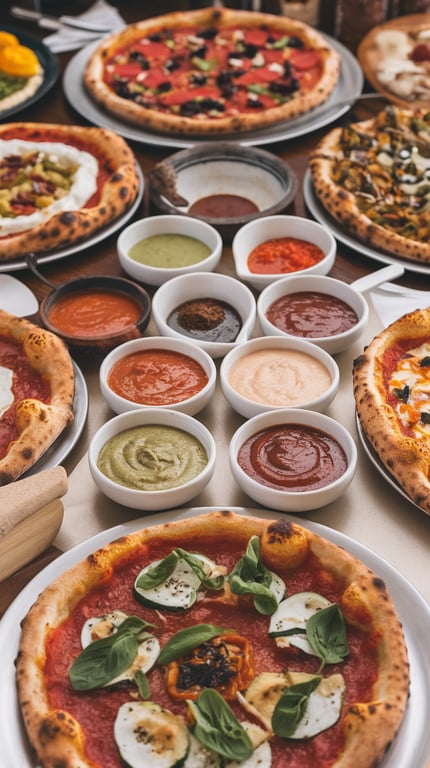 A variety of pizzas and sauces displayed on a table, showcasing different global flavors.