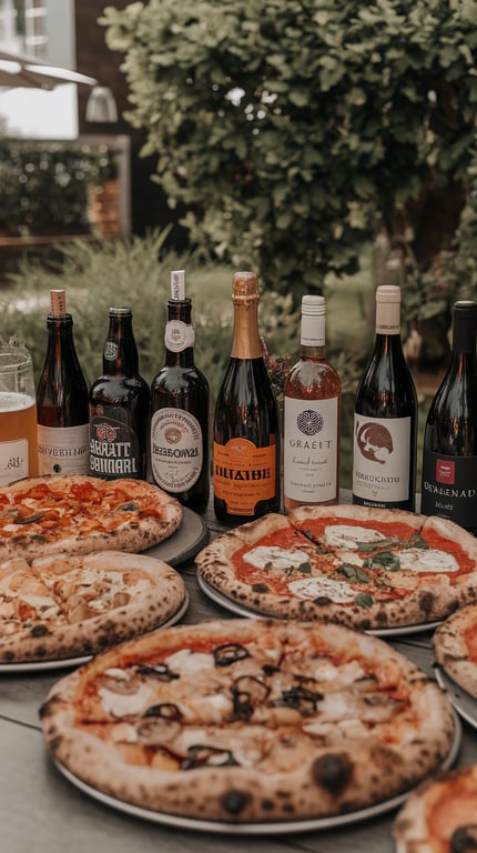 A variety of pizzas and beverages arranged for a pizza bar party