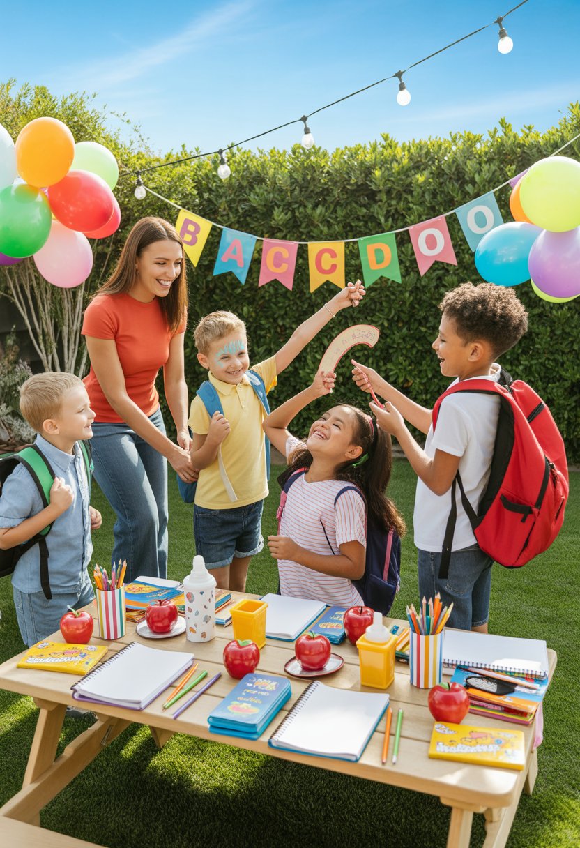 Backyard with colorful decorations and children playing, celebrating a back to school party.