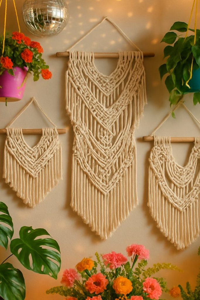 Scene showing macrame wall hangings surrounded by plants and festive lighting in a lively party setting.