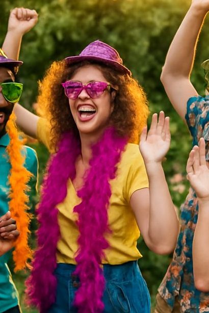 People wearing colorful disco party accessories enjoying a lively garden party with decorations, lights, and a disco ball.