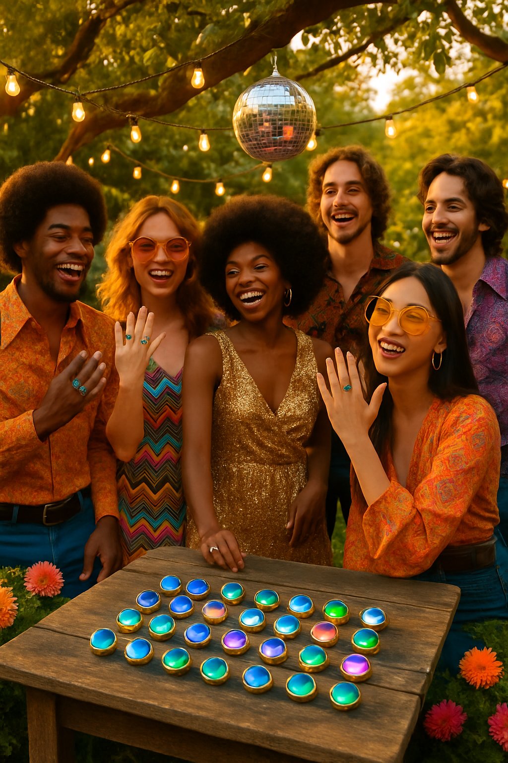 People enjoying a garden party with disco decorations, wearing colorful outfits and mood rings as party favors.