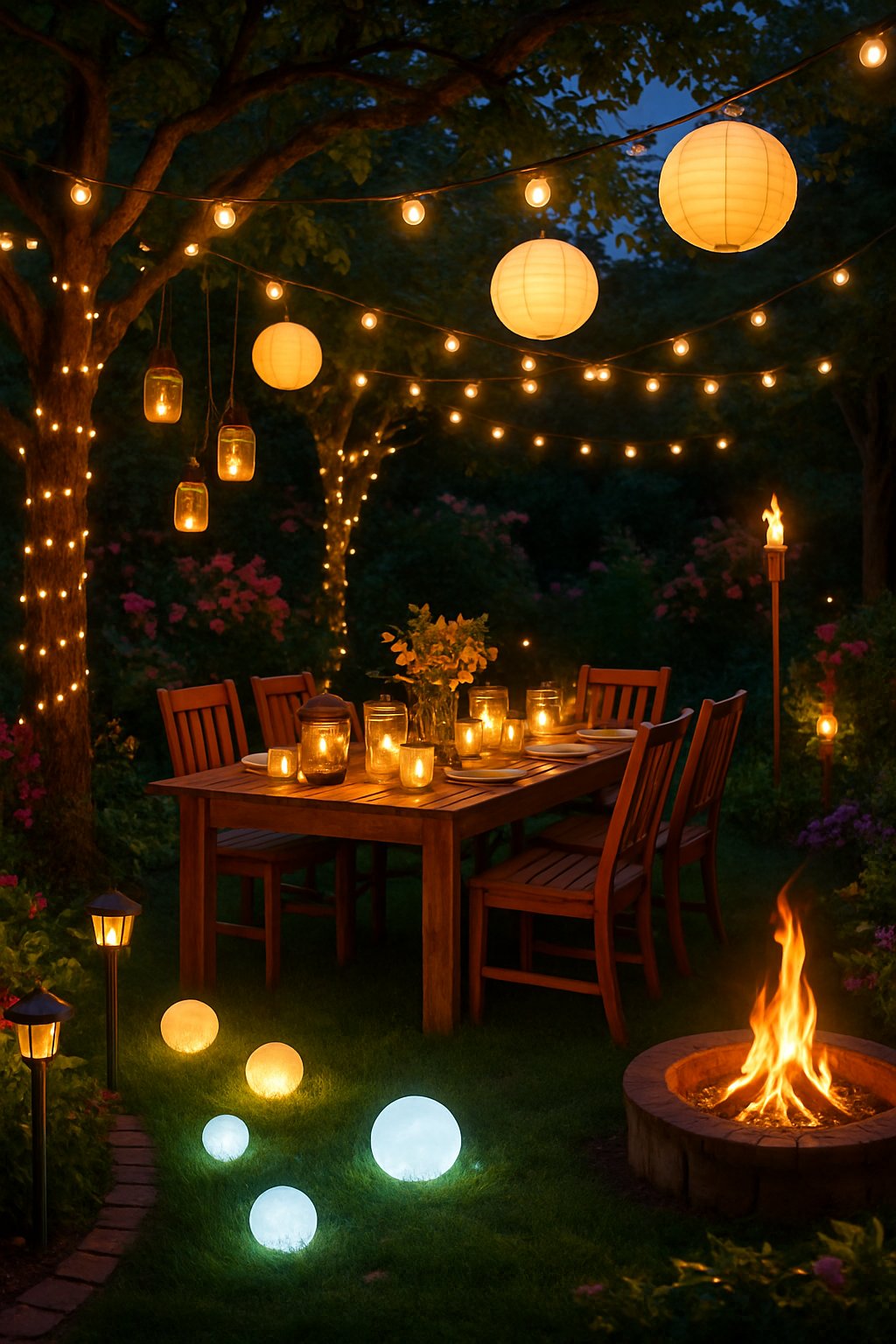 An outdoor garden party at dusk with various types of decorative lighting including string lights, lanterns, candles, fairy lights, and a fire pit illuminating the scene.