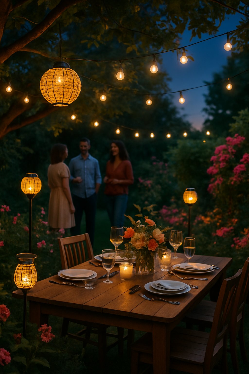An outdoor garden party at dusk with solar-powered lanterns softly lighting a table surrounded by plants and people enjoying the evening.