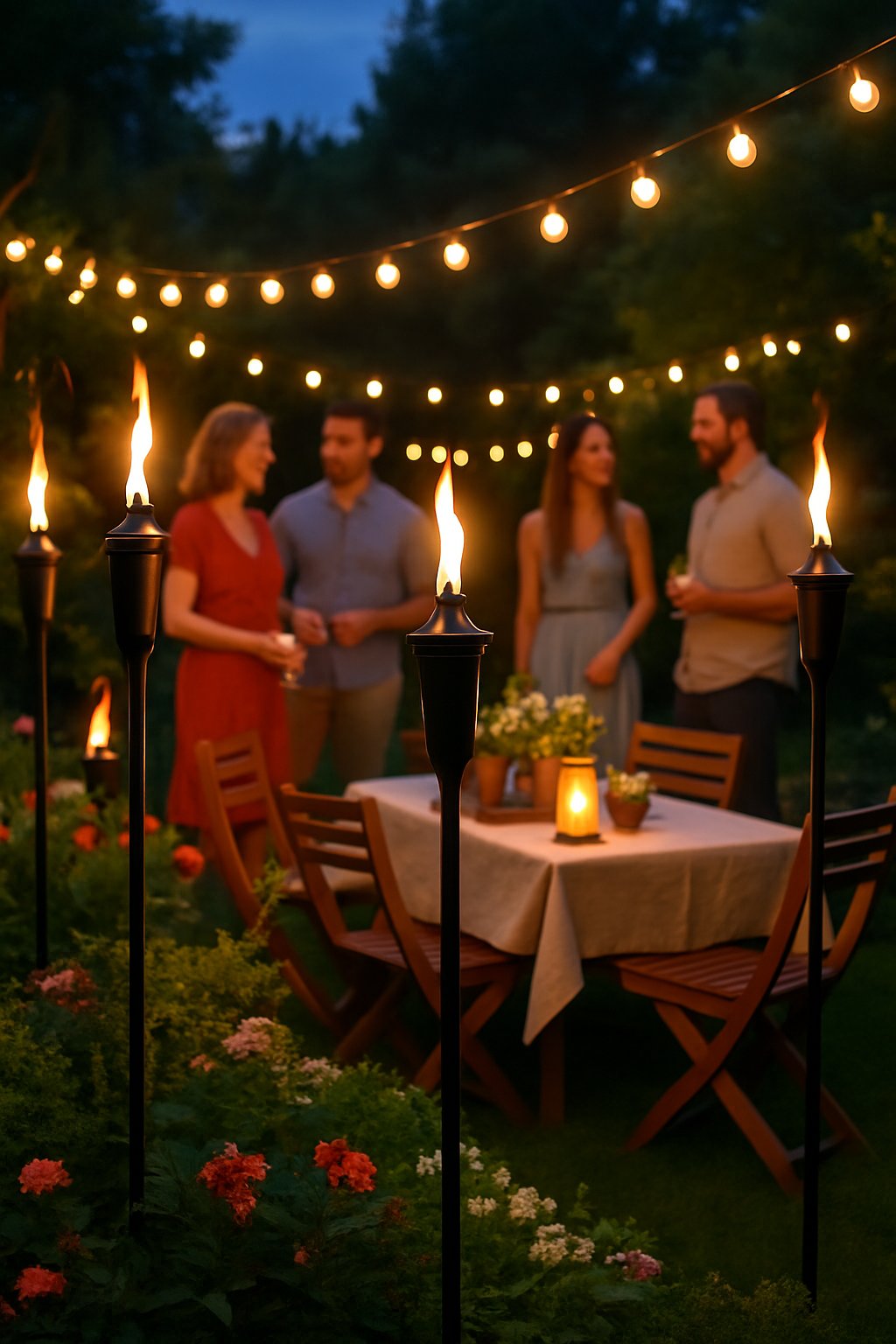 Outdoor garden party at dusk with citronella tiki torches providing warm light around a decorated patio surrounded by greenery and guests enjoying the evening.