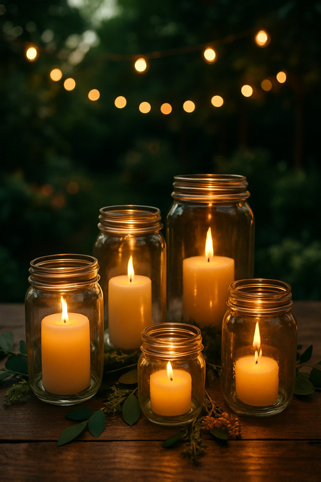 Mason jars holding lit candles on a wooden table outdoors surrounded by plants and soft lighting.