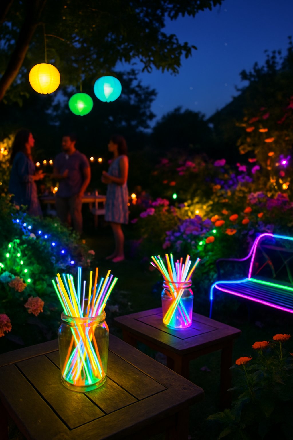 Outdoor garden party at dusk with glow sticks and glow-in-the-dark decorations lighting up tables, trees, and plants while people enjoy the festive setting.