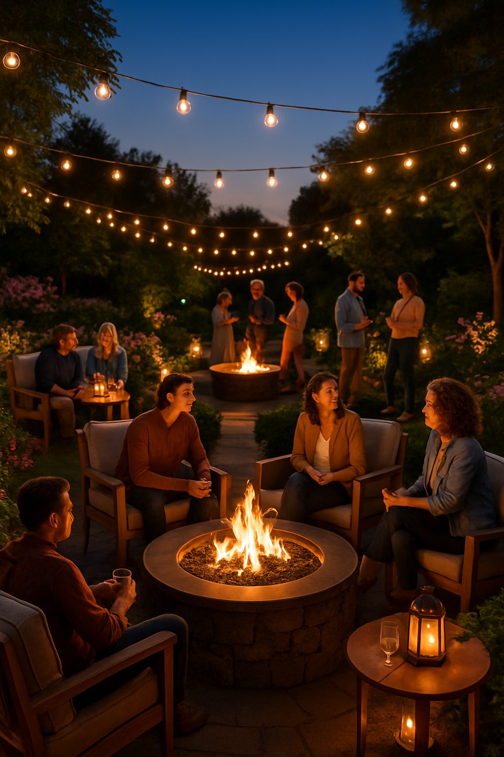 Outdoor garden party at dusk with fire pits surrounded by people, string lights, lanterns, and greenery creating a warm and cozy atmosphere.